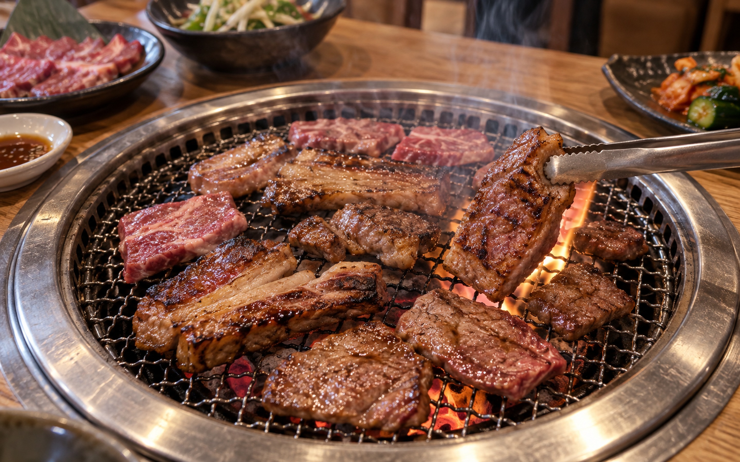豪快に肉を焼く炭火焼肉